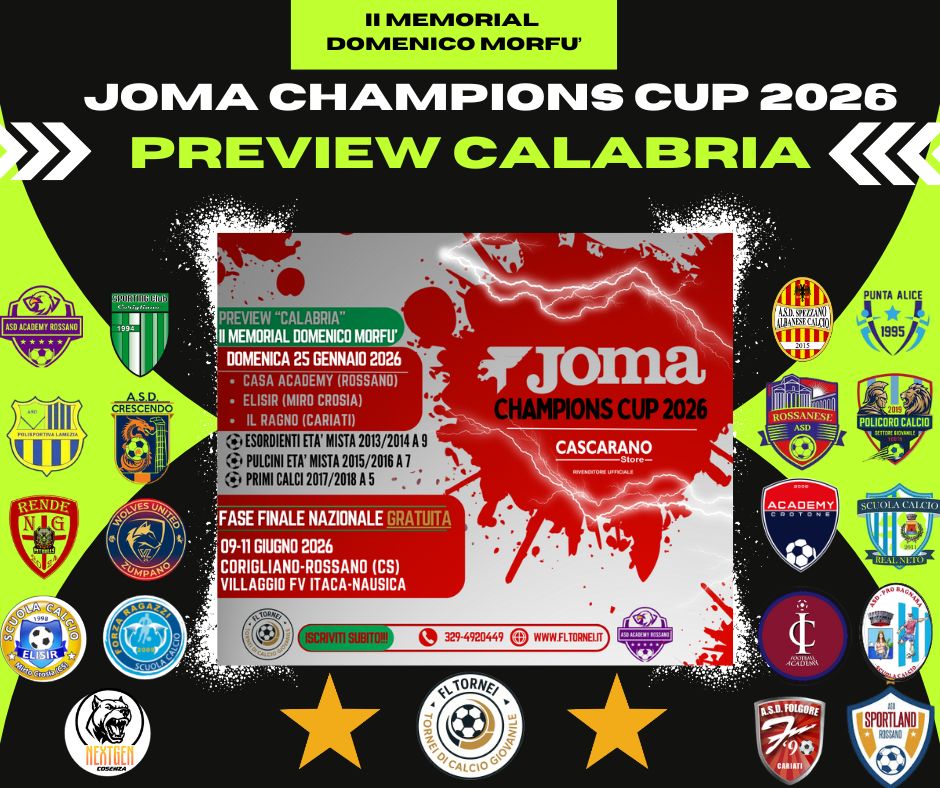 Locandina ufficiale Joma Champions Cup 2026 – II Memorial Domenico Morfù a Rossano Calabro