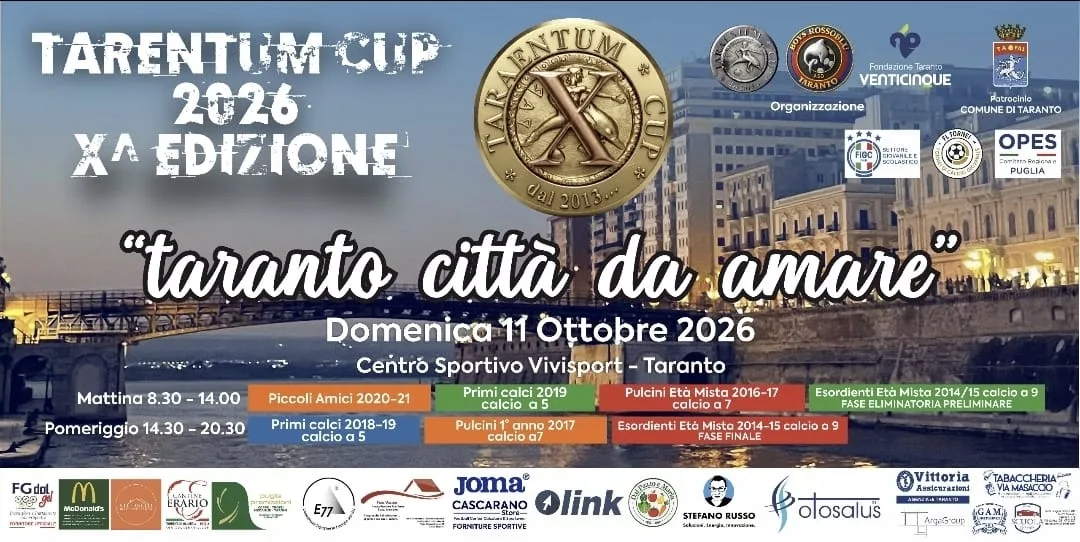 Locandina ufficiale Tarentum Cup 2026 X Edizione — "Taranto città da amare" a Taranto